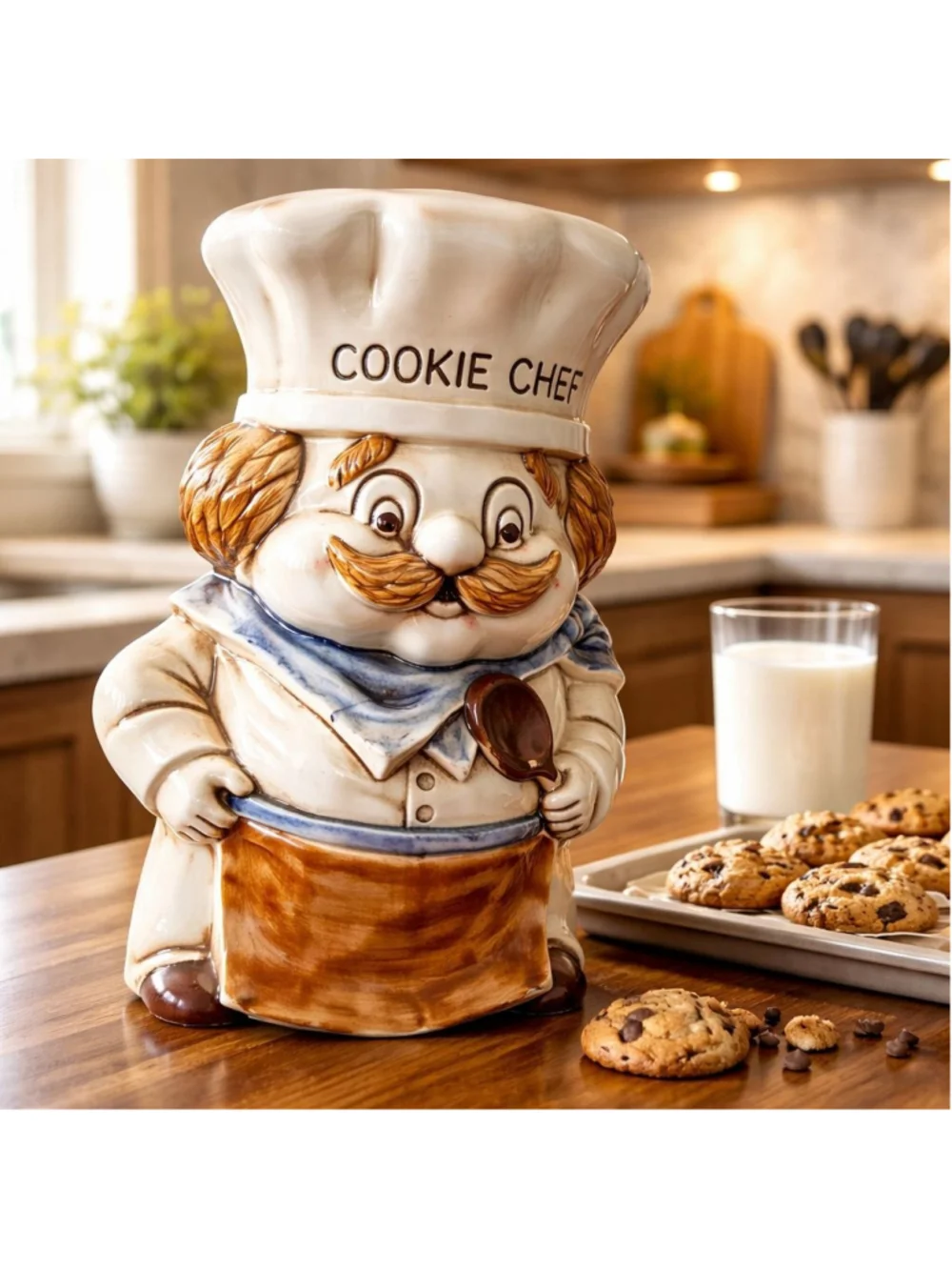 Vtg Cookie Chef Ceramic Cookie Jar White Brown Quaint Home Decor Kitchen